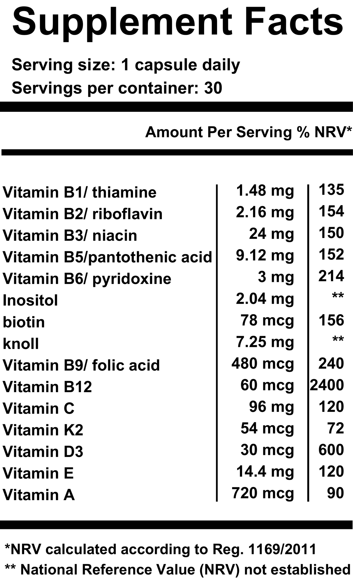 Liposomal Multivitamins — Supplement Facts label